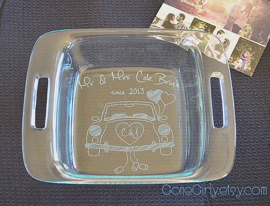 Wedding Car Mr. & Mrs. 8x8 Engraved Casserole Dish β Personalized Newlywed Bakeware β Custom Wedding Gift with Lid Option
