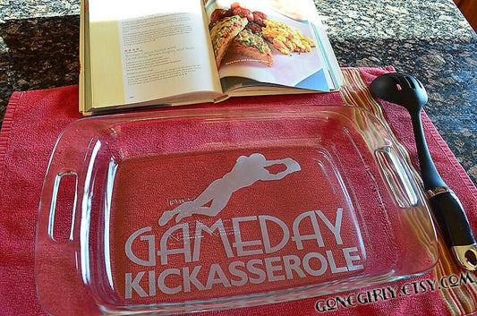Game Day KickASS(erole) Engraved 9x13 Casserole Dish with Red Lid – Personalized Sports Fan Bakeware Gift