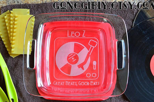 Turntable DJ 8x8 Engraved Casserole Dish β βGreat Beats, Good Eatsβ β Music Lover or DJ Gift with Optional Engraved Lid