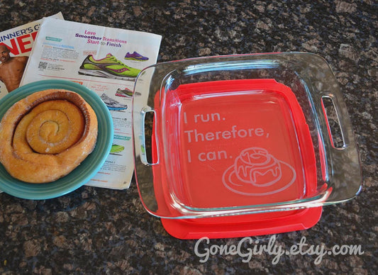 I Run Therefore I Can 8x8 Engraved Casserole Dish – Funny Runner Gift – Personalized 2 Qt Bakeware with Optional Engraved Lid