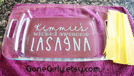 Wicked Awesome Lasagna Engraved 9x13 Casserole Dish with Red Lid – Custom Funny Bakeware Gift