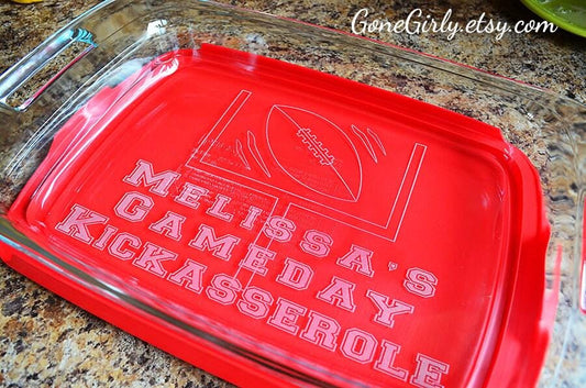 Football Kickasserole Engraved 9x13 Casserole Dish with Red Lid – Personalized Game Day Bakeware Gift