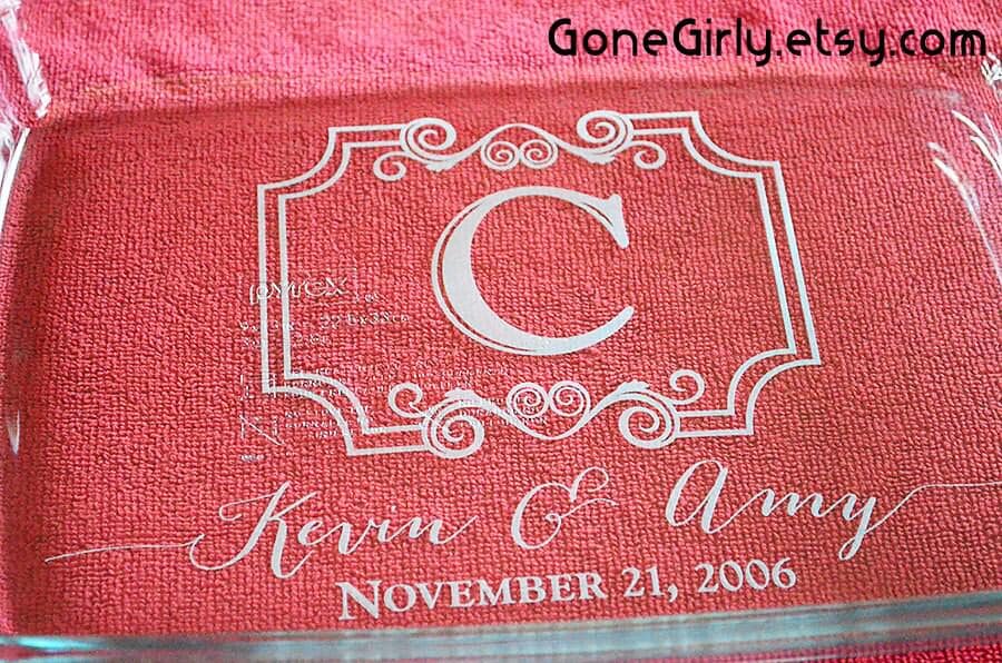 Wedding Gift Engraved 9x13 Casserole Dish with Red Lid – Custom Initial, Names, and Established Date Bakeware