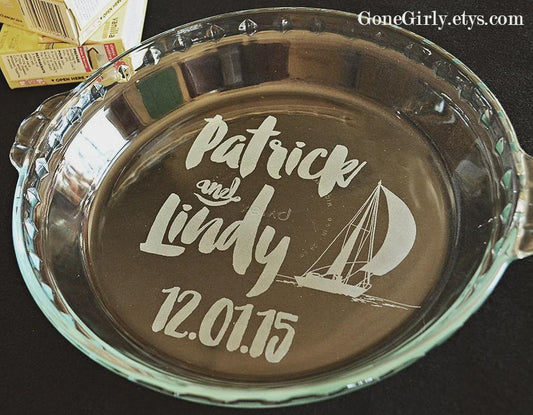 Personalized Wedding or Anniversary Pie Plate with Custom Image | Engraved 9.5” Deep Dish Glass Pie Dish | Unique Wedding Gift