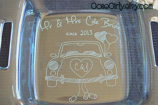 Wedding Car Mr. & Mrs. 8x8 Engraved Casserole Dish – Personalized Newlywed Bakeware – Custom Wedding Gift with Lid Option