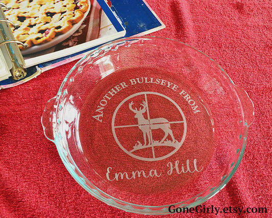 Another Bullseye Engraved Pie Plate | Personalized 9.5” Deep Dish Glass Pie Dish | Custom Heart Design Baker Gift