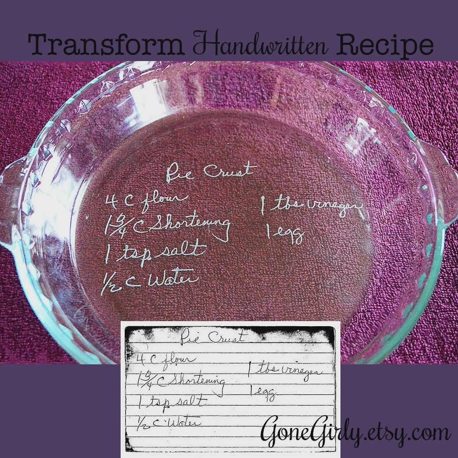 Custom Handwritten Recipe Pie Plate – Engraved Family Heirloom Gift – Pyrex Basic or Deep Dish