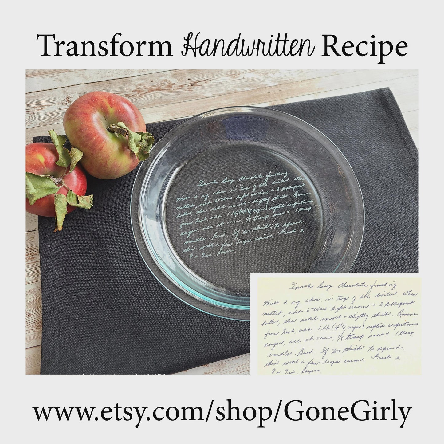 Custom Handwritten Recipe Pie Plate – Engraved Family Heirloom Gift – Pyrex Basic or Deep Dish
