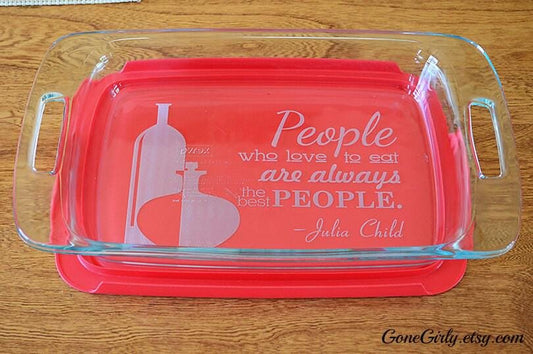 Julia Child Quote Engraved 9x13 Casserole Dish with Red Lid – “People Who Love to Eat” Bakeware Gift