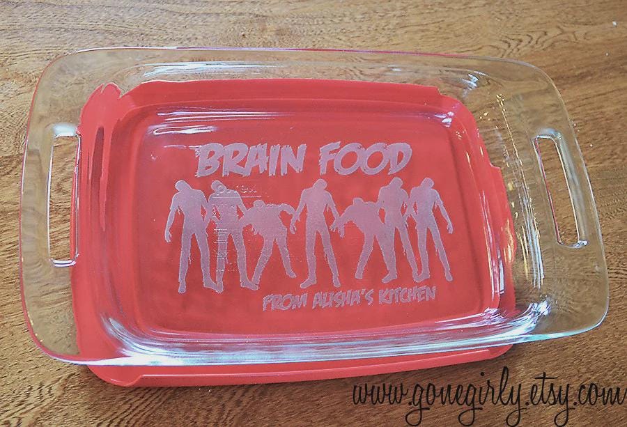 Zombie Brain Food Engraved Bakeware | Personalized Pyrex Casserole or Pie Dish | Funny Halloween or Horror Fan Gift