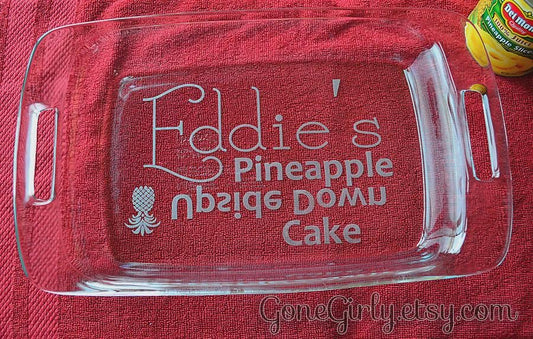 Pineapple Upside Down Cake Engraved 9x13 Casserole Dish with Red Lid – Personalized Bakeware Gift