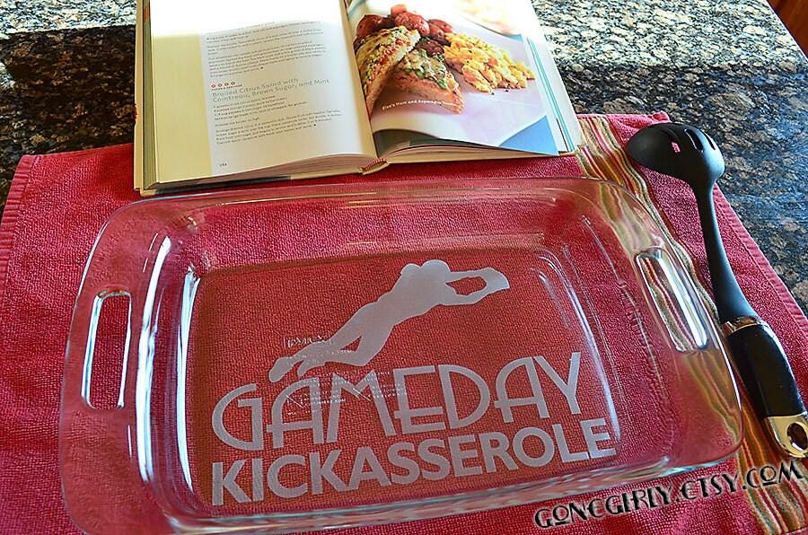 Game Day KickASS(erole) Engraved 9x13 Casserole Dish with Red Lid – Personalized Sports Fan Bakeware Gift