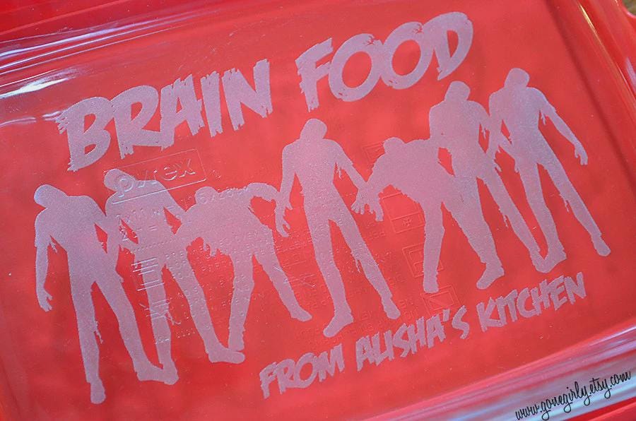 Zombie Brain Food Engraved Bakeware | Personalized Pyrex Casserole or Pie Dish | Funny Halloween or Horror Fan Gift