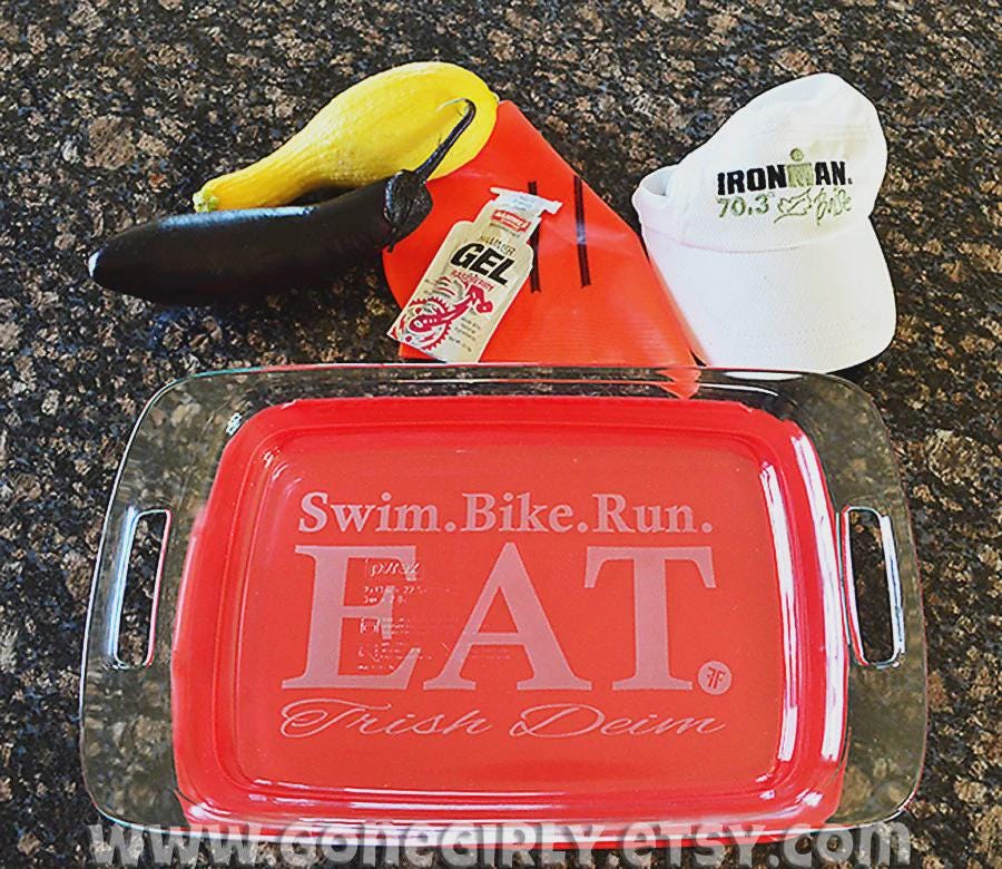 Triathlon Engraved 9x13 Casserole Dish with Red Lid – Personalized Gift for Triathletes and Ironman Finishers