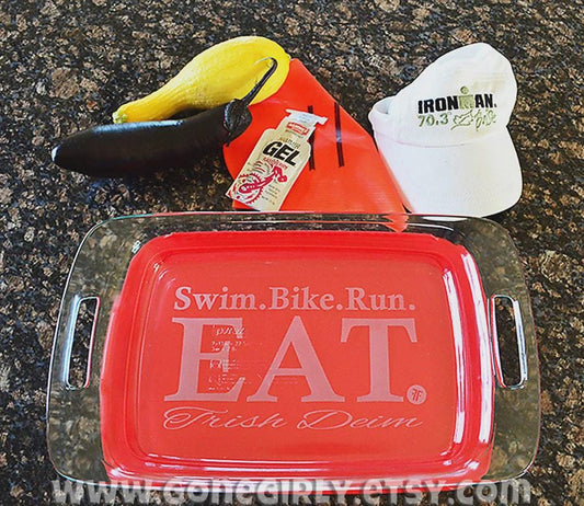 Triathlon Engraved 9x13 Casserole Dish with Red Lid – Personalized Gift for Triathletes and Ironman Finishers
