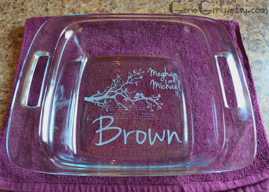 Love Birds 8x8 Engraved Casserole Dish with Lid – Personalized Wedding or Anniversary Gift – Romantic Custom Bakeware