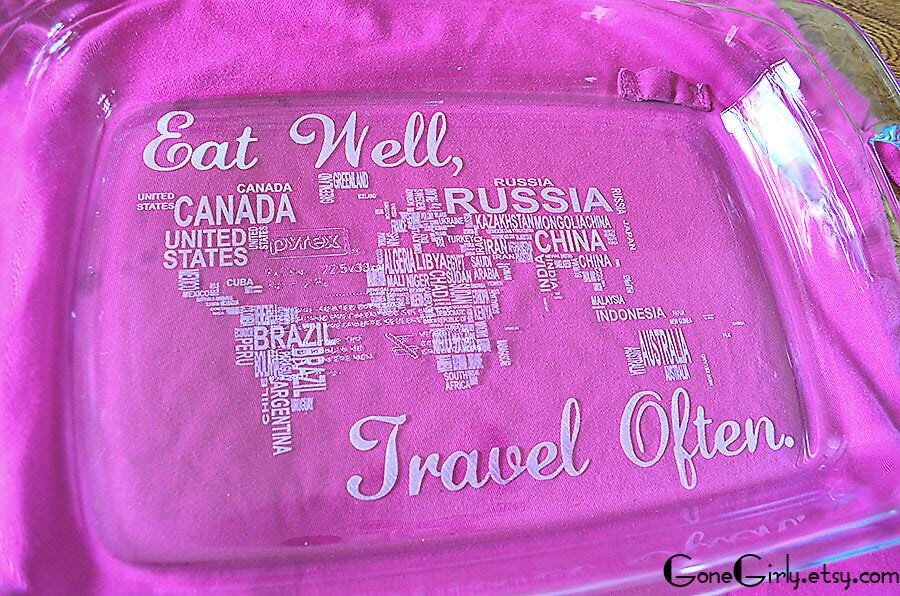Eat Well Travel Often Engraved Casserole Dish with Red Lid – Map Design Adventure Bakeware