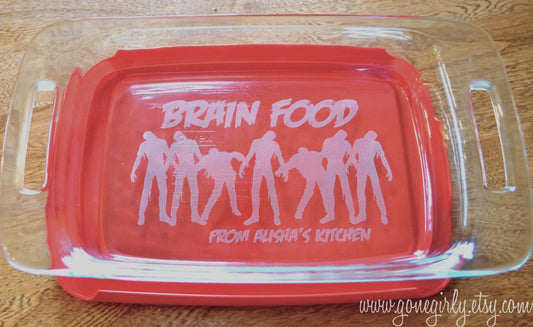 Zombie Brain Food Engraved Bakeware | Personalized Pyrex Casserole or Pie Dish | Funny Halloween or Horror Fan Gift
