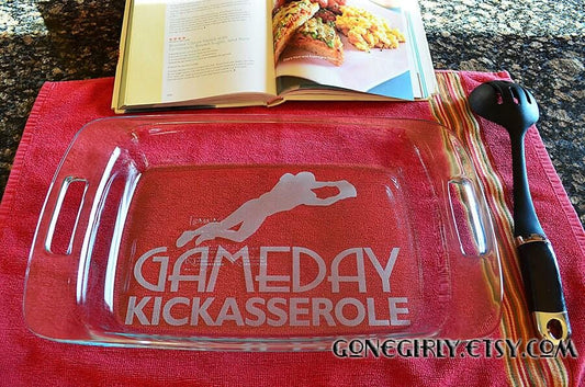 Game Day KickASS(erole) Engraved 9x13 Casserole Dish with Red Lid – Personalized Sports Fan Bakeware Gift
