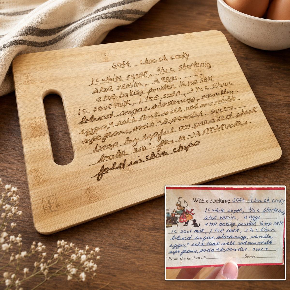Handwritten Recipe Cutting Board – Personalized Bamboo Board Keepsake – Custom Engraved Family Recipe Gift – Memorial Kitchen Gift