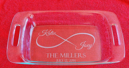 Infinity Symbol Wedding or Anniversary Engraved 7x11 Casserole Dish – Personalized Names and Date Gift