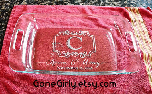 Wedding Gift Engraved 9x13 Casserole Dish with Red Lid – Custom Initial, Names, and Established Date Bakeware