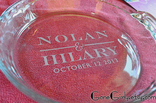 Modern Wedding Engraved Pie Plate | Personalized 9.5” Deep Dish Glass Pie Dish | Custom Couple’s Name and Date Gift
