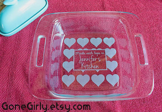 Made with Love in the Kitchen 8x8 Engraved Casserole Dish with Lid – Personalized Bakeware Gift – Heart Design