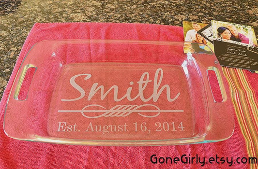 Wedding Gift Engraved 9x13 Casserole Dish with Red Lid – Personalized Last Name Flourish and Established Date Bakeware