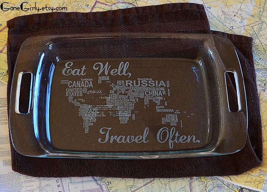 Eat Well Travel Often Engraved Casserole Dish with Red Lid – Map Design Adventure Bakeware