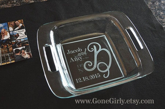 Established Date 8x8 Engraved Casserole Dish – Personalized Wedding Gift with Name and Initial – Custom Bakeware with Lid Option